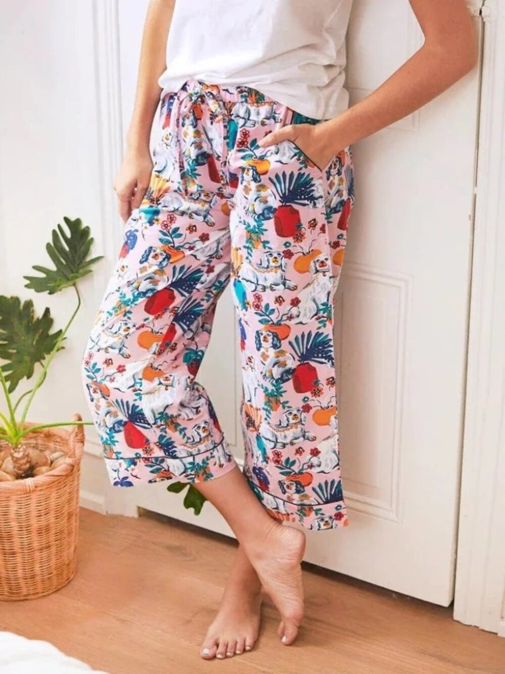 Printfresh Good Dog Cropped Pajama Pants Small Pink Rose